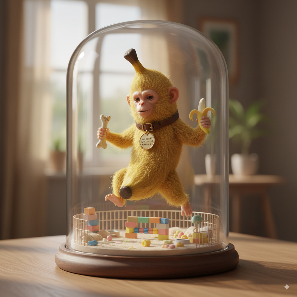 animal-human hybrid nano-banana, 1:8 scale, realistic fur texture rendering, playful pose with accessories, pet habitat diorama, detailed collar and identification tag